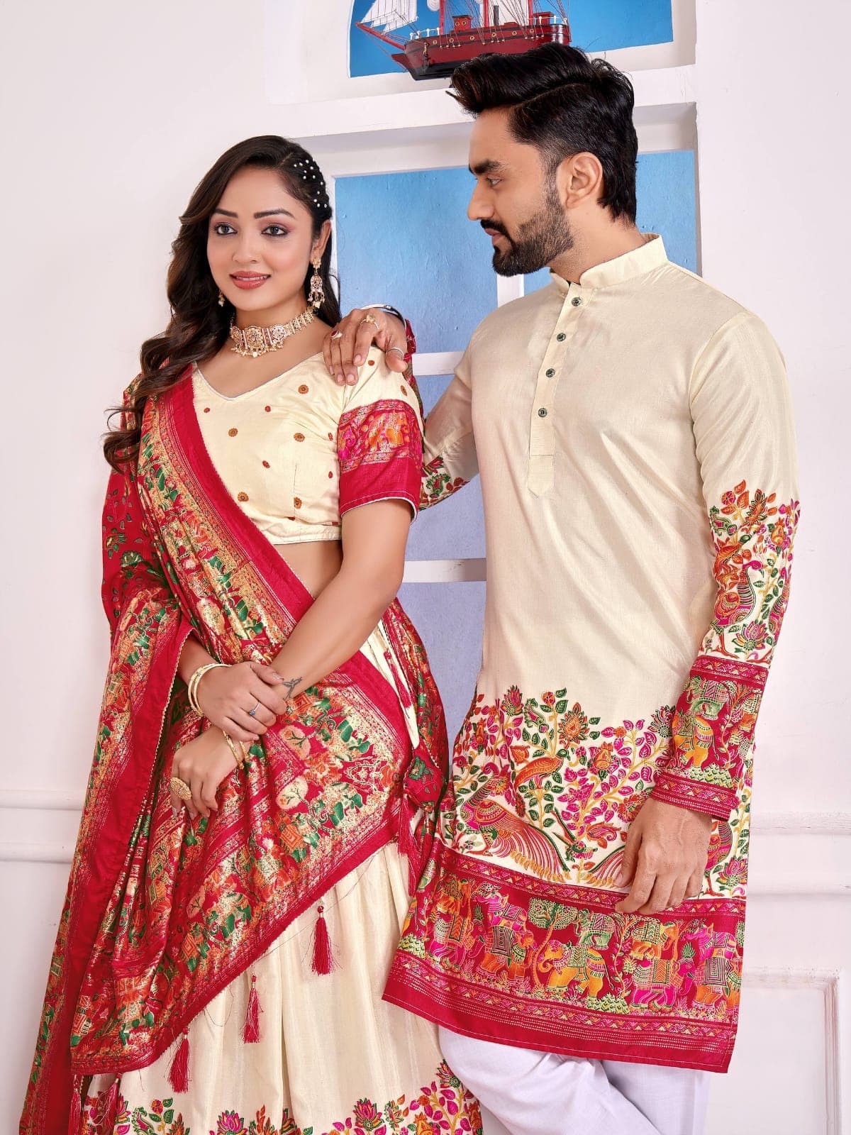 Couple Mens Kurta & Female Lehenga Matching Combo for Festival Season | Dola Silk | Zyanira